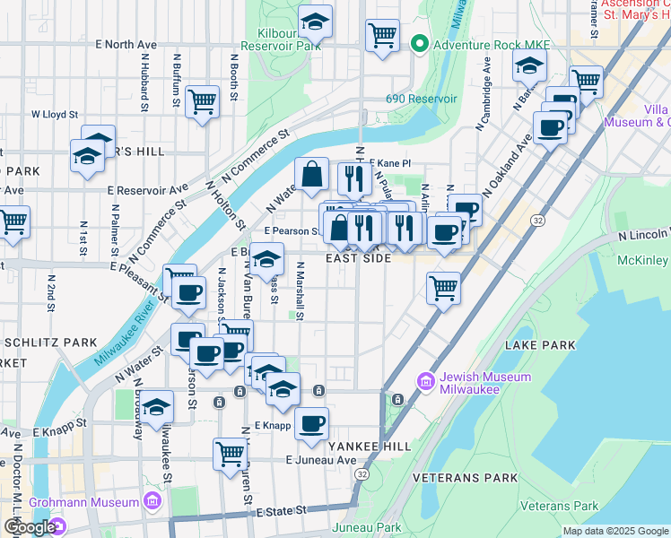 map of restaurants, bars, coffee shops, grocery stores, and more near in Milwaukee