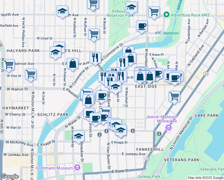 map of restaurants, bars, coffee shops, grocery stores, and more near in Milwaukee
