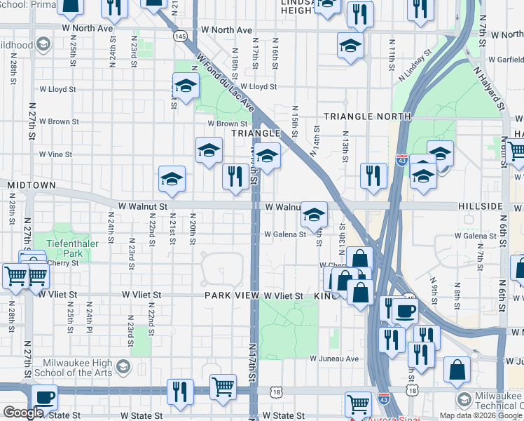 map of restaurants, bars, coffee shops, grocery stores, and more near 1606 West Walnut Street in Milwaukee