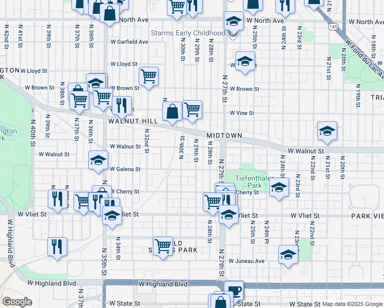 map of restaurants, bars, coffee shops, grocery stores, and more near 2932 West Walnut Street in Milwaukee