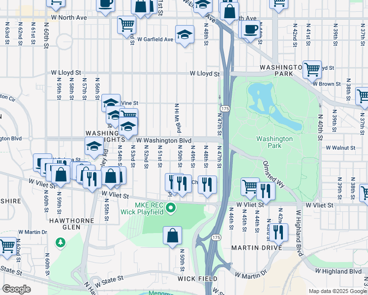 map of restaurants, bars, coffee shops, grocery stores, and more near 4905 West Washington Boulevard in Milwaukee