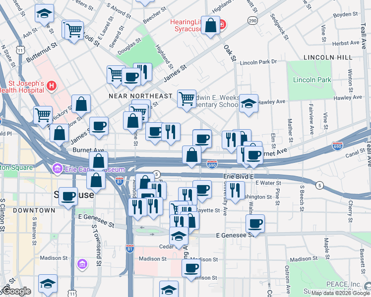 map of restaurants, bars, coffee shops, grocery stores, and more near 525 Burnet Avenue in Syracuse