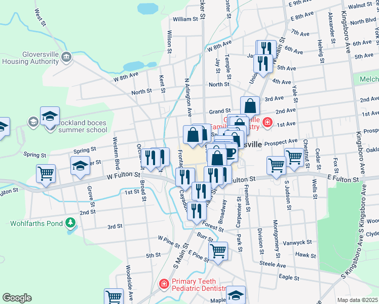 map of restaurants, bars, coffee shops, grocery stores, and more near 52 Church Street in Gloversville