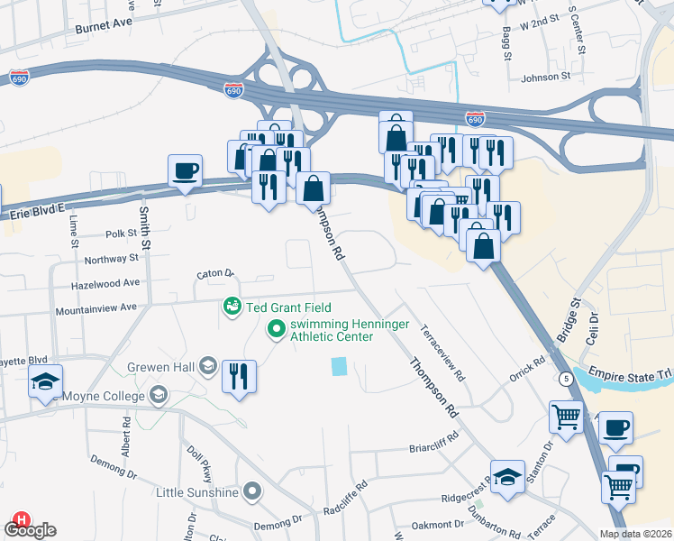 map of restaurants, bars, coffee shops, grocery stores, and more near 5823 Thompson Road in Syracuse