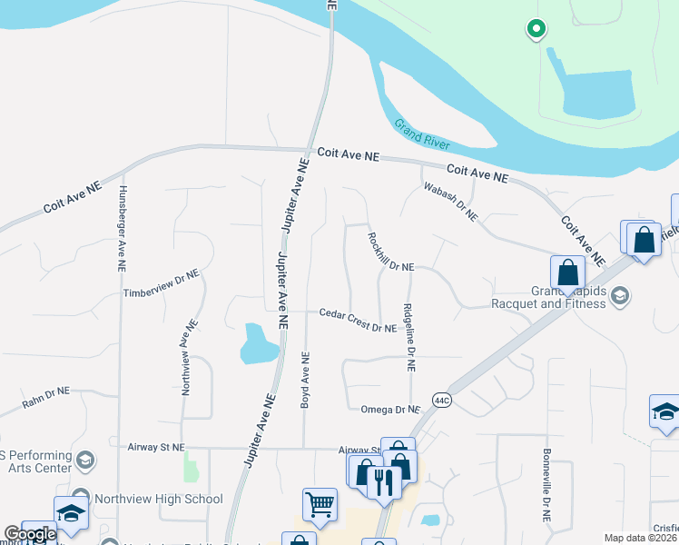 map of restaurants, bars, coffee shops, grocery stores, and more near 4988 Cedar Crest Court Northeast in Grand Rapids