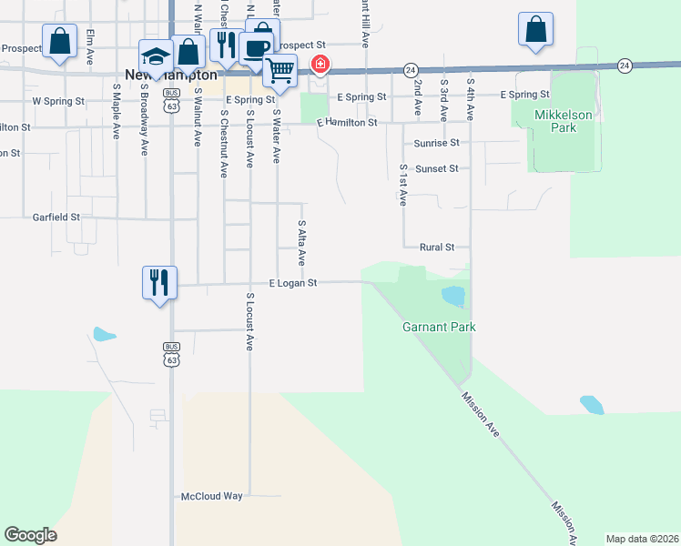 map of restaurants, bars, coffee shops, grocery stores, and more near 228-292 E Logan St in New Hampton