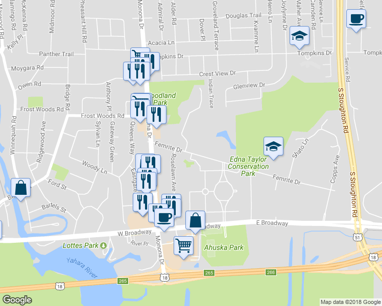 map of restaurants, bars, coffee shops, grocery stores, and more near 602 Femrite Drive in Madison
