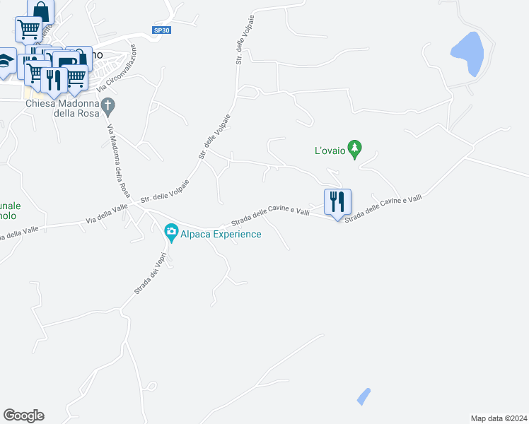 map of restaurants, bars, coffee shops, grocery stores, and more near 18 Strada delle Cavine e Valli in Provincia di Siena