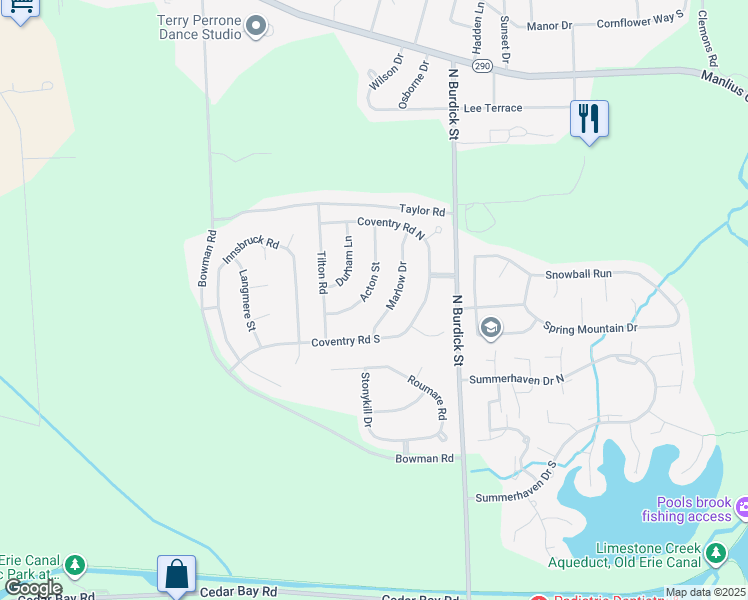 map of restaurants, bars, coffee shops, grocery stores, and more near 5833 Marlow Drive in East Syracuse
