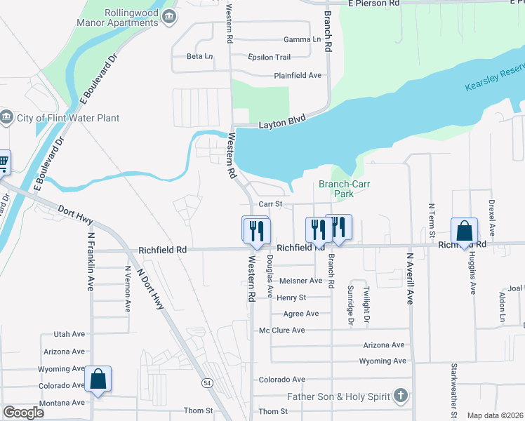 map of restaurants, bars, coffee shops, grocery stores, and more near 2812 Carr Street in Flint