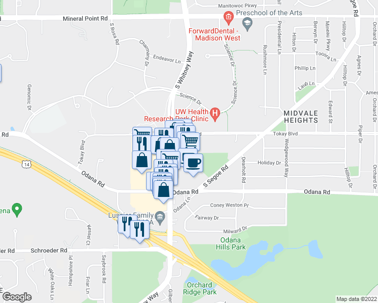 map of restaurants, bars, coffee shops, grocery stores, and more near 160 Westgate Mall in Madison