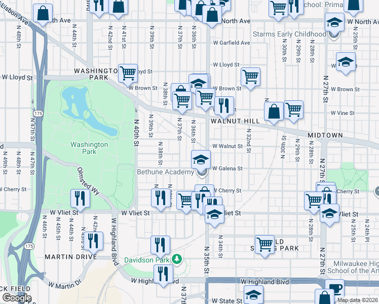 map of restaurants, bars, coffee shops, grocery stores, and more near 1718 North 36th Street in Milwaukee