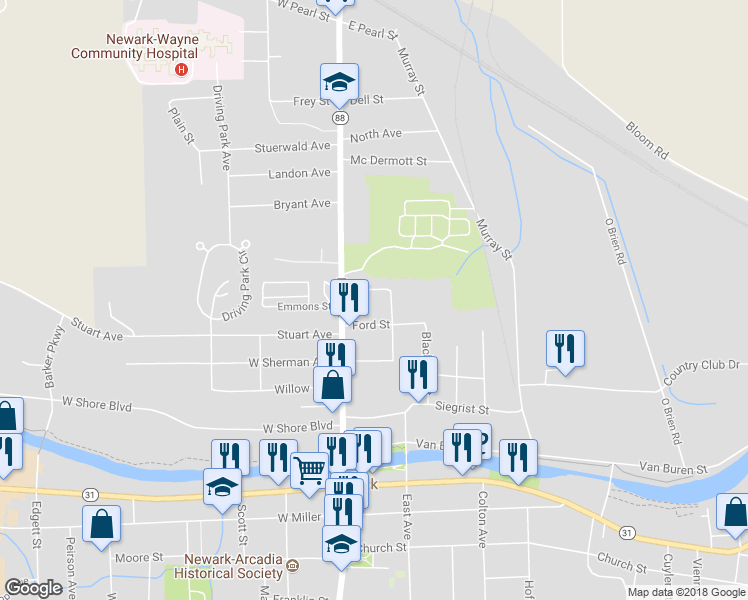 map of restaurants, bars, coffee shops, grocery stores, and more near 105 Sherman Parkway in Newark