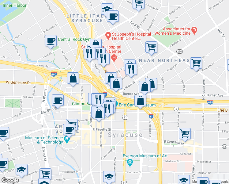 map of restaurants, bars, coffee shops, grocery stores, and more near 215 North State Street in Syracuse