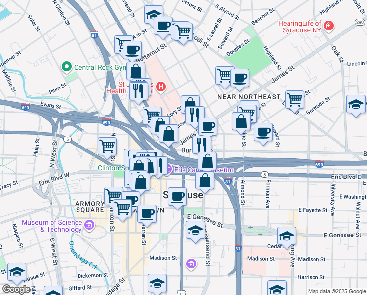 map of restaurants, bars, coffee shops, grocery stores, and more near 111 Burnet Avenue in Syracuse