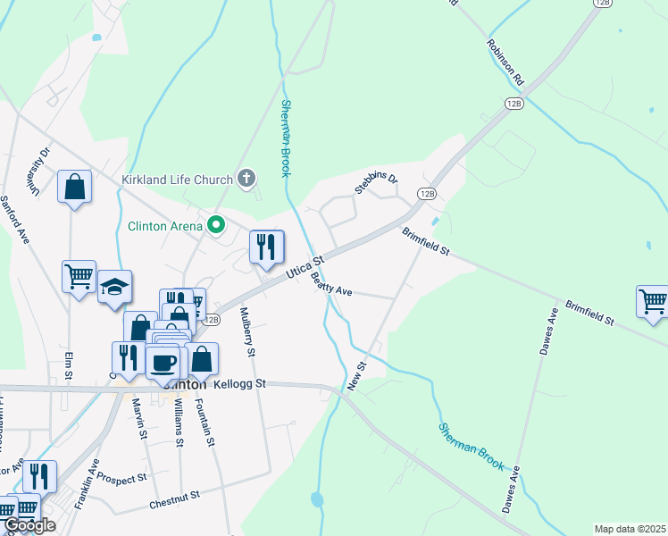 map of restaurants, bars, coffee shops, grocery stores, and more near 57 Utica Street in Clinton