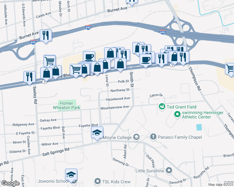 map of restaurants, bars, coffee shops, grocery stores, and more near 805 Northway Street in Syracuse