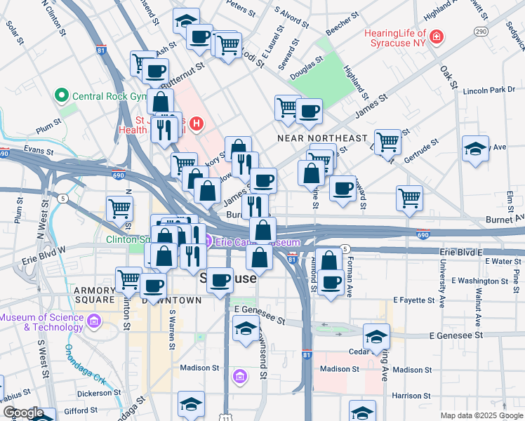 map of restaurants, bars, coffee shops, grocery stores, and more near 480 James Street in Syracuse