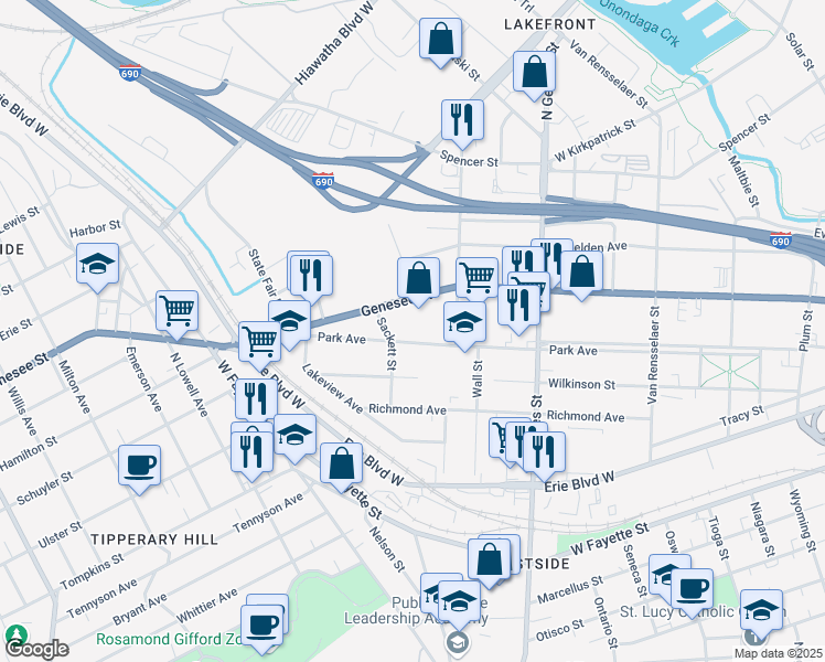 map of restaurants, bars, coffee shops, grocery stores, and more near 1215 West Genesee Street in Syracuse