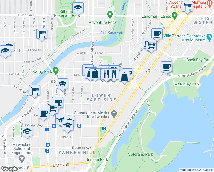 map of restaurants, bars, coffee shops, grocery stores, and more near 1240 East Brady Street in Milwaukee
