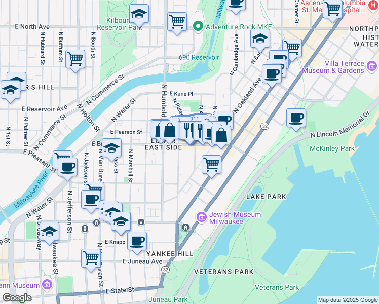 map of restaurants, bars, coffee shops, grocery stores, and more near 1240 East Brady Street in Milwaukee