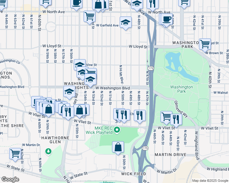 map of restaurants, bars, coffee shops, grocery stores, and more near 5000 West Washington Boulevard in Milwaukee
