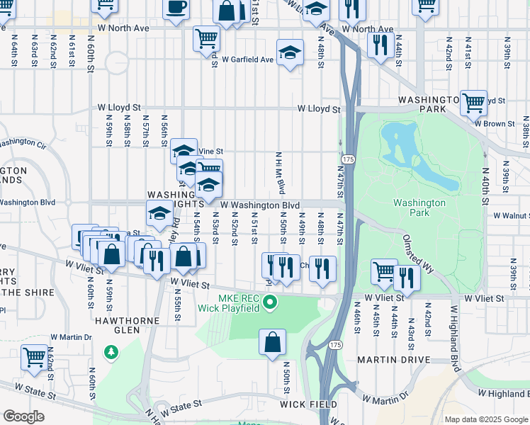 map of restaurants, bars, coffee shops, grocery stores, and more near 5000 West Washington Boulevard in Milwaukee