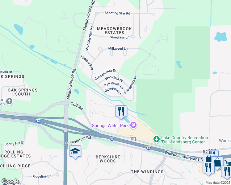 map of restaurants, bars, coffee shops, grocery stores, and more near N16W26554 East Fieldhack Drive in Pewaukee