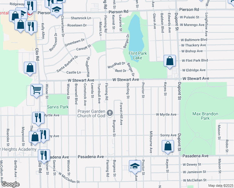 map of restaurants, bars, coffee shops, grocery stores, and more near 1501 West Moore Street in Flint