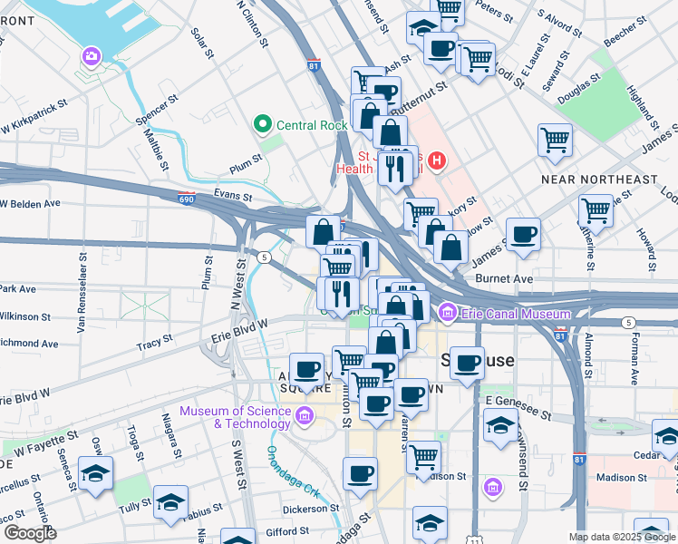 map of restaurants, bars, coffee shops, grocery stores, and more near 230 West Willow Street in Syracuse