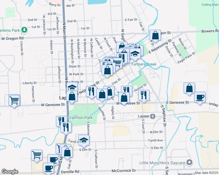 map of restaurants, bars, coffee shops, grocery stores, and more near 477 West Nepessing Street in Lapeer