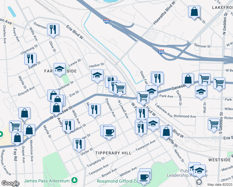 map of restaurants, bars, coffee shops, grocery stores, and more near 1524 West Genesee Street in Syracuse