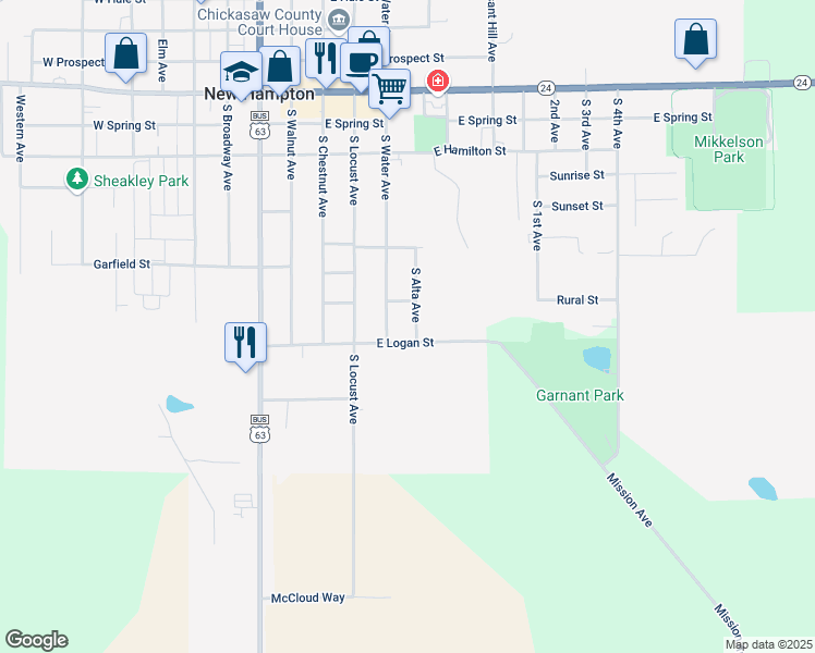 map of restaurants, bars, coffee shops, grocery stores, and more near 322-348 Alta Avenue in New Hampton