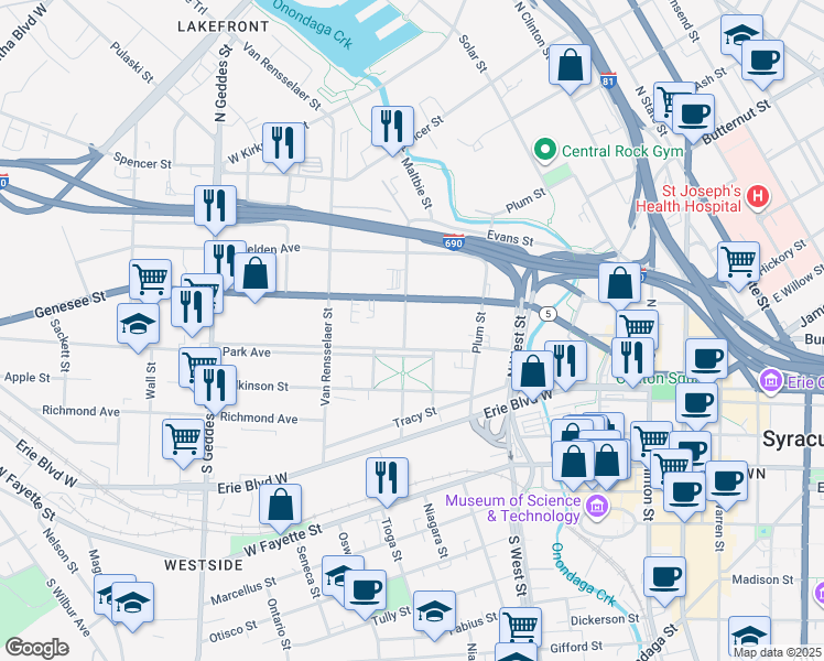 map of restaurants, bars, coffee shops, grocery stores, and more near 204 Leavenworth Avenue in Syracuse
