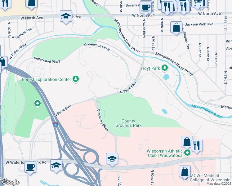 map of restaurants, bars, coffee shops, grocery stores, and more near North Swan Boulevard in Wauwatosa