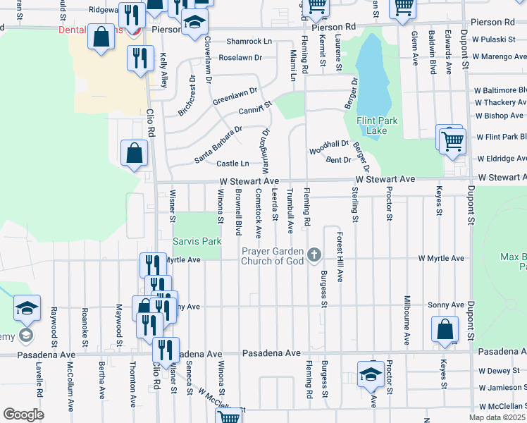 map of restaurants, bars, coffee shops, grocery stores, and more near 4130 Comstock Avenue in Flint