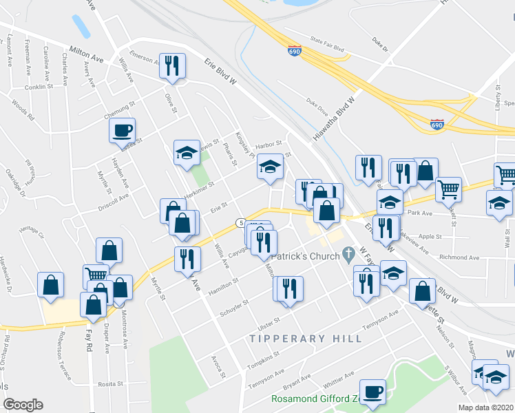 map of restaurants, bars, coffee shops, grocery stores, and more near 1628 West Genesee Street in Syracuse