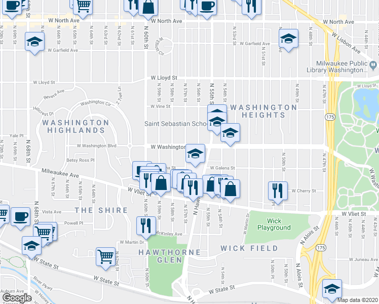 map of restaurants, bars, coffee shops, grocery stores, and more near 5623 West Washington Boulevard in Milwaukee
