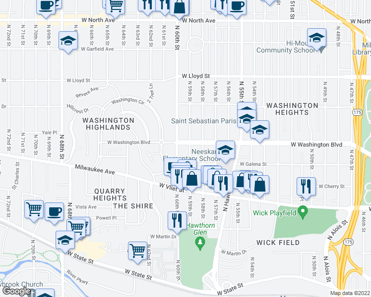 map of restaurants, bars, coffee shops, grocery stores, and more near 5913 West Washington Boulevard in Milwaukee
