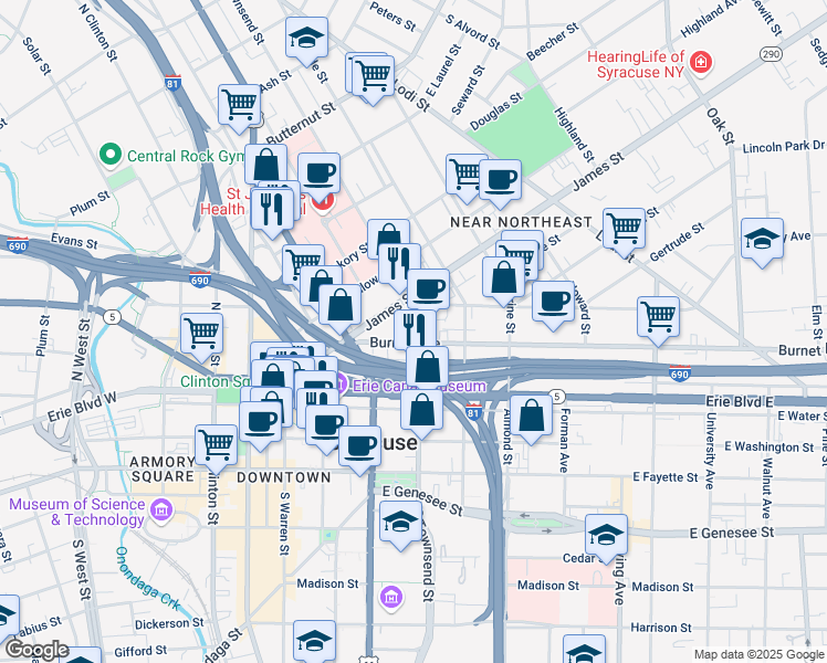 map of restaurants, bars, coffee shops, grocery stores, and more near 480 James Street in Syracuse