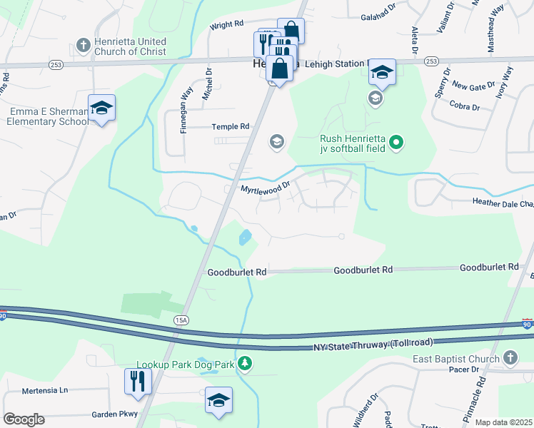 map of restaurants, bars, coffee shops, grocery stores, and more near 163 Myrtlewood Drive in Henrietta