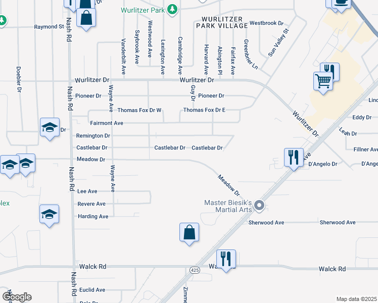 map of restaurants, bars, coffee shops, grocery stores, and more near 1000 Castlebar Drive in North Tonawanda