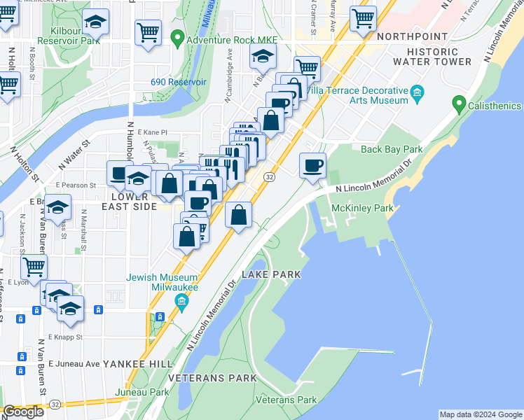 map of restaurants, bars, coffee shops, grocery stores, and more near 1800 North Prospect Avenue in Milwaukee