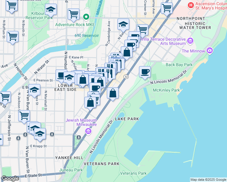 map of restaurants, bars, coffee shops, grocery stores, and more near 1725 North Prospect Avenue in Milwaukee