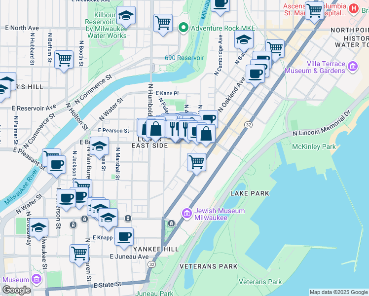 map of restaurants, bars, coffee shops, grocery stores, and more near 1240 East Brady Street in Milwaukee