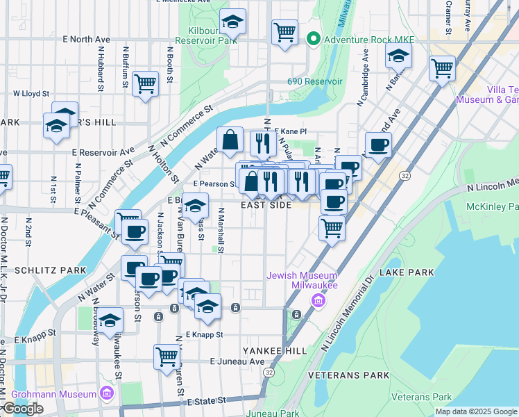 map of restaurants, bars, coffee shops, grocery stores, and more near in Milwaukee