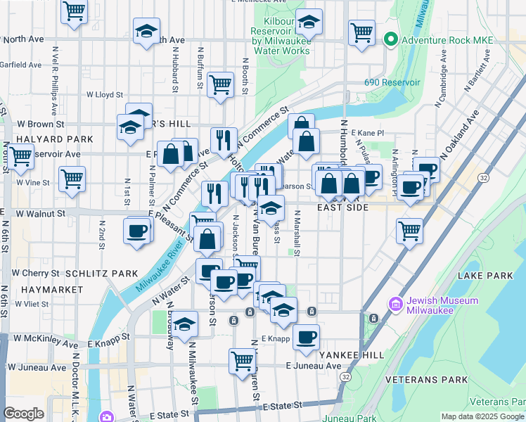 map of restaurants, bars, coffee shops, grocery stores, and more near in Milwaukee