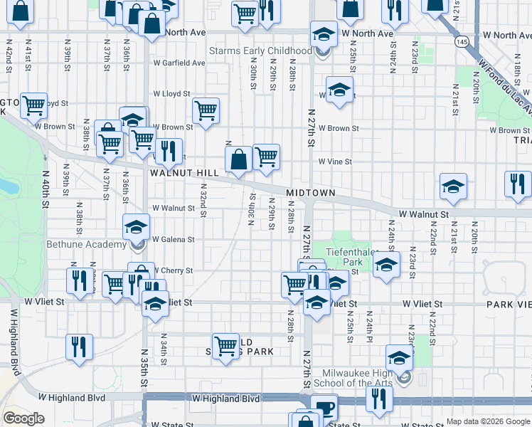 map of restaurants, bars, coffee shops, grocery stores, and more near 2932 West Walnut Street in Milwaukee