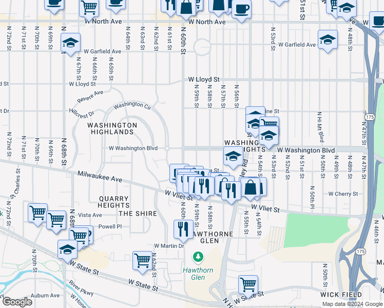 map of restaurants, bars, coffee shops, grocery stores, and more near 5913 West Washington Boulevard in Milwaukee