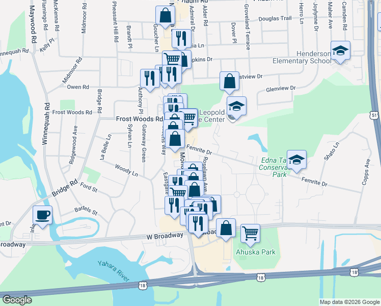 map of restaurants, bars, coffee shops, grocery stores, and more near 101 Femrite Drive in Monona